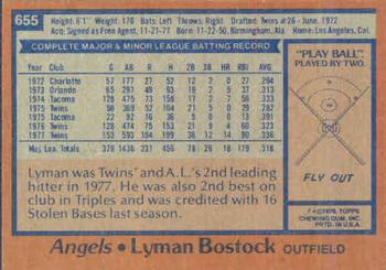 1978 Topps #655 Lyman Bostock Back