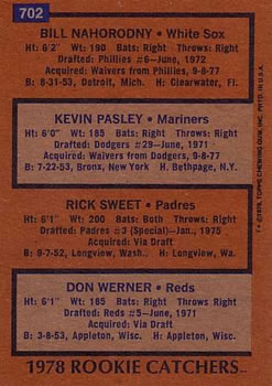 1978 Topps #702 1978 Rookie Catchers (Bill Nahorodny / Kevin Pasley / Rick Sweet / Don Werner) Back