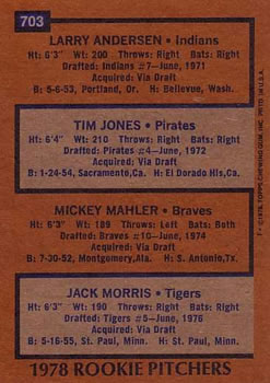 1978 Topps #703 1978 Rookie Pitchers (Larry Andersen / Tim Jones / Mickey Mahler / Jack Morris) Back