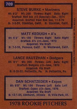 1978 Topps #709 1978 Rookie Pitchers (Steve Burke / Matt Keough / Lance Rautzhan / Dan Schatzeder) Back