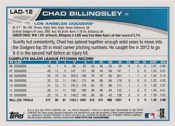 2013 Topps Los Angeles Dodgers #LAD12 Chad Billingsley Back