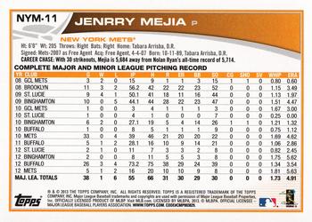 2013 Topps New York Mets #NYM11 Jenrry Mejia Back