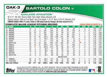 2013 Topps Oakland Athletics #OAK-3 Bartolo Colon Back