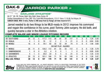2013 Topps Oakland Athletics #OAK-6 Jarrod Parker Back