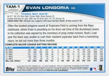 2013 Topps Tampa Bay Rays #TAM1 Evan Longoria Back