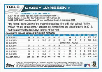2013 Topps Toronto Blue Jays #TOR-8 Casey Janssen Back