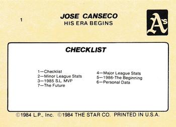 1986 Star Jose Canseco #1 Jose Canseco Back