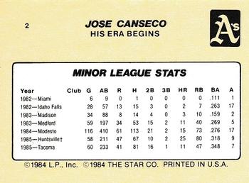 1986 Star Jose Canseco #2 Jose Canseco Back