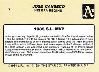1986 Star Jose Canseco #3 Jose Canseco Back