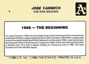 1986 Star Jose Canseco #5 Jose Canseco Back
