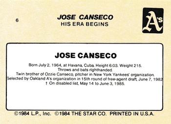1986 Star Jose Canseco #6 Jose Canseco Back