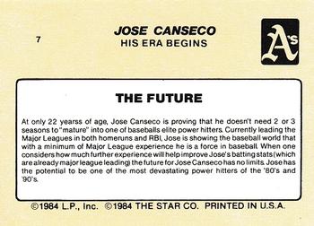 1986 Star Jose Canseco #7 Jose Canseco Back