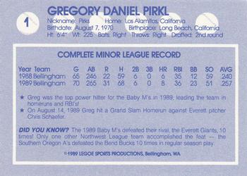 1989 Legoe Bellingham Mariners #1 Greg Pirkl Back