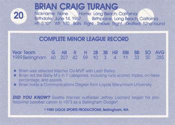 1989 Legoe Bellingham Mariners #20 Brian Turang Back