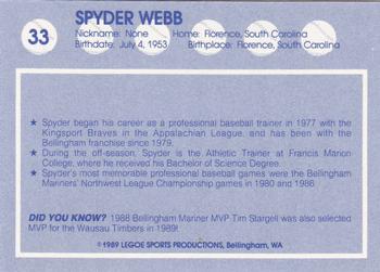 1989 Legoe Bellingham Mariners #33 Spyder Webb Back