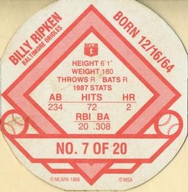 1988 Tetley Tea Discs #7 Billy Ripken Back