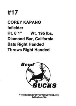 1989 Legoe Bend Bucks #17 Corey Kapano Back