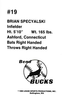 1989 Legoe Bend Bucks #19 Brian Specyalski Back