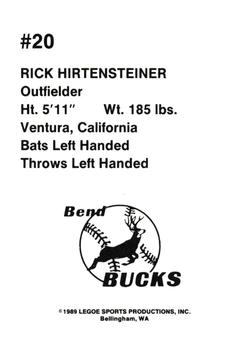 1989 Legoe Bend Bucks #20 Rick Hirtensteiner Back