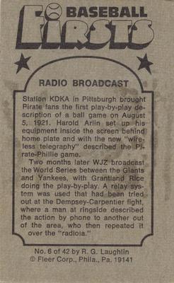 1976 Fleer Official Major League Patches - Baseball Firsts #6 Radio Broadcast Back