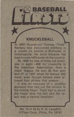 1976 Fleer Official Major League Patches - Baseball Firsts #10 Knuckleball Back