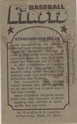 1976 Fleer Official Major League Patches - Baseball Firsts #13 Standardized Rules Back