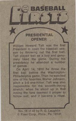 1976 Fleer Official Major League Patches - Baseball Firsts #16 Presidential Opener Back