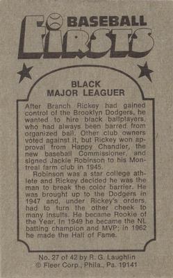 1976 Fleer Official Major League Patches - Baseball Firsts #27 Black Major Leaguer Back
