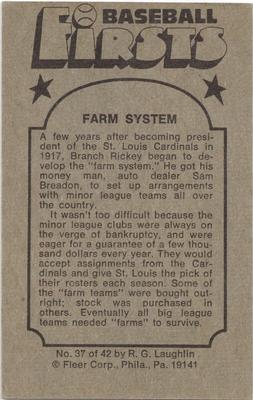 1976 Fleer Official Major League Patches - Baseball Firsts #37 Farm System Back