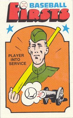 1976 Fleer Official Major League Patches - Baseball Firsts #42 Player Into Service Front