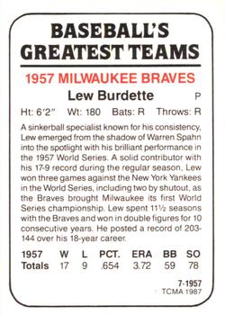 1987 TCMA 1957 Milwaukee Braves #7 Lew Burdette Back