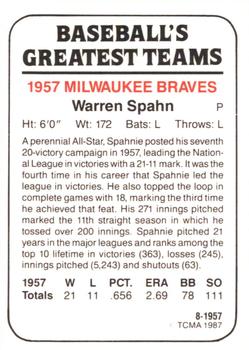 1987 TCMA 1957 Milwaukee Braves #8 Warren Spahn Back