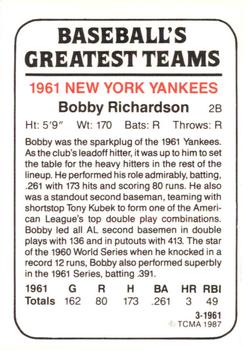 1987 TCMA 1961 New York Yankees #3 Bobby Richardson Back