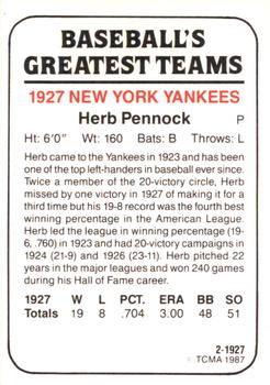 1987 TCMA 1927 New York Yankees #2 Herb Pennock Back