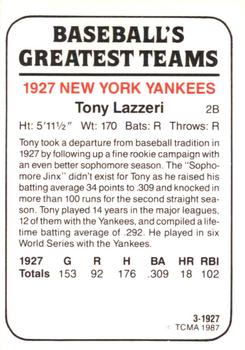 1987 TCMA 1927 New York Yankees #3 Tony Lazzeri Back
