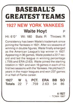 1987 TCMA 1927 New York Yankees #4 Waite Hoyt Back