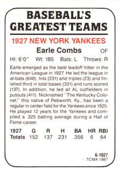 1987 TCMA 1927 New York Yankees #6 Earle Combs Back