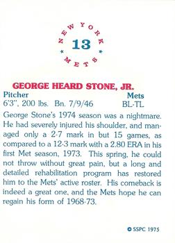 1975 SSPC New York Mets #13 George Stone Back