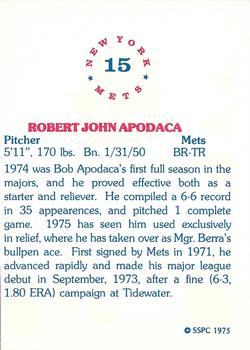 1975 SSPC New York Mets #15 Bob Apodaca Back