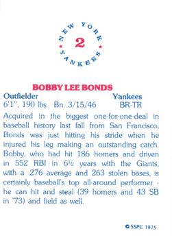 1975 SSPC New York Yankees #2 Bobby Bonds Back