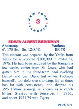 1975 SSPC New York Yankees #3 Ed Brinkman Back