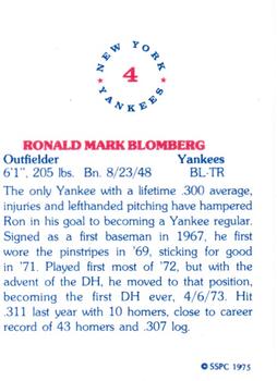 1975 SSPC New York Yankees #4 Ron Blomberg Back