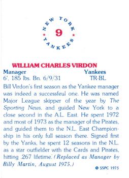 1975 SSPC New York Yankees #9 Bill Virdon Back