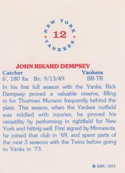 1975 SSPC New York Yankees #12 Rick Dempsey Back
