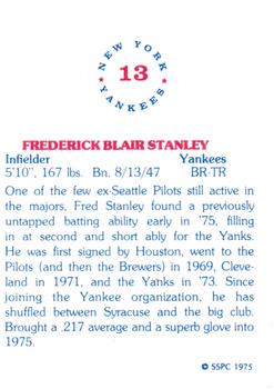 1975 SSPC New York Yankees #13 Fred Stanley Back