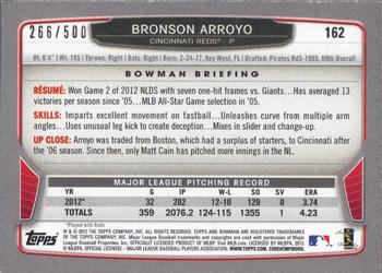 2013 Bowman - Blue #162 Bronson Arroyo Back