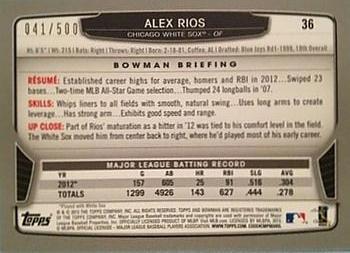 2013 Bowman - Blue #36 Alex Rios Back
