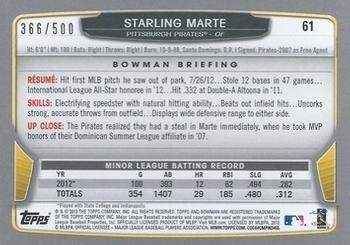 2013 Bowman - Blue #61 Starling Marte Back