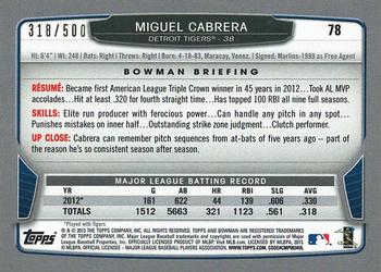 2013 Bowman - Blue #78 Miguel Cabrera Back