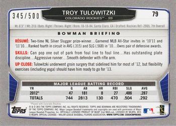 2013 Bowman - Blue #79 Troy Tulowitzki Back